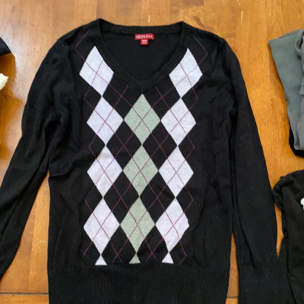 Argyle sweater, purple and black. Used in good condition